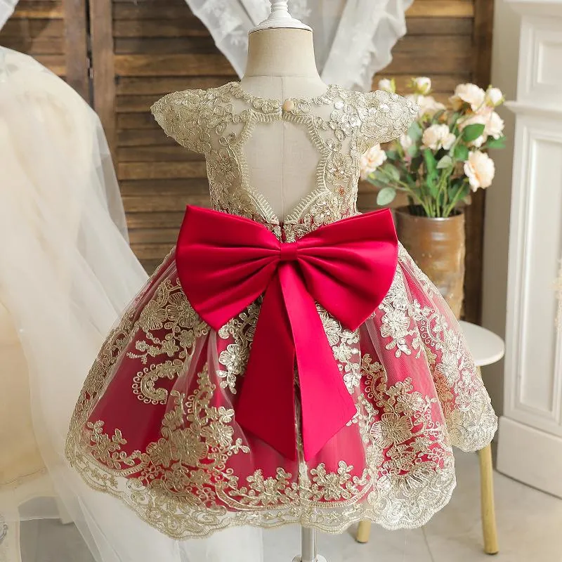 Girl's Dresses Wedding Party Princess Dress For Flower Girls Baby Girl 1st Birthday Red Ball Gown 0-24M Infant Bowknot Christmas Fluffy Cost