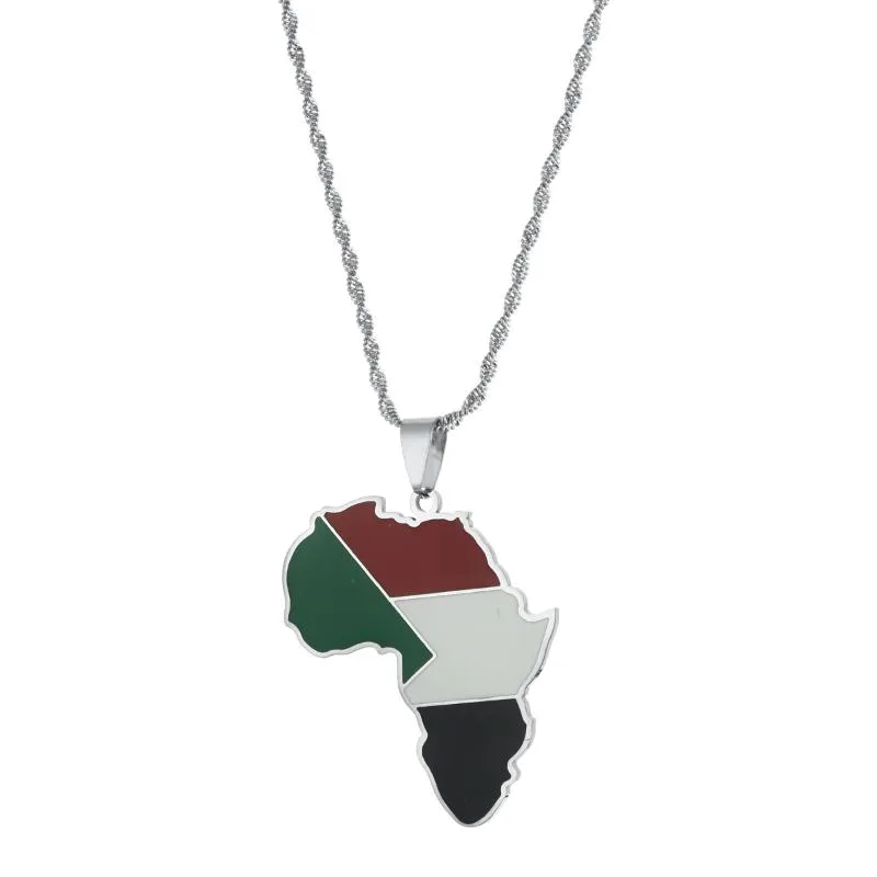 Correntes Cor Prata Aço Inoxidável Esmalte África Sudão Mapa Flag Pingentes Colares Moda Moda Jóias Presentes