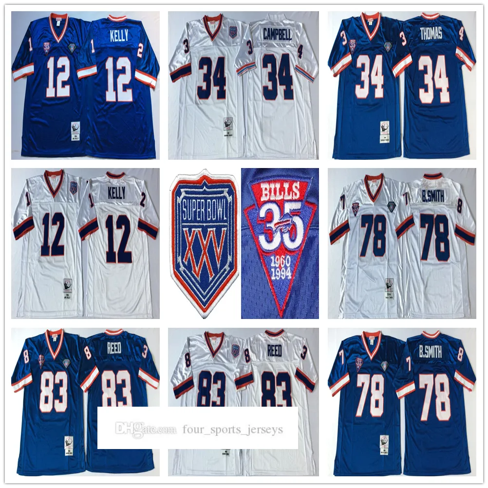 NCAA 75th Vintage Football 12 Jim Kelly Jersey 34 Thurman Thomas 78 Bruce Smith 83 Andre Reed Jersey Mitchell&Ness College Blue White