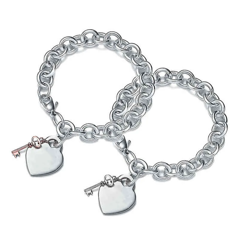 1:1 925 Sterling Silver Women's Bracelet Key and Heart Pendant Chain Bracelet Luxury Brand Girlfriend Birthday Jewelry Gift G220510