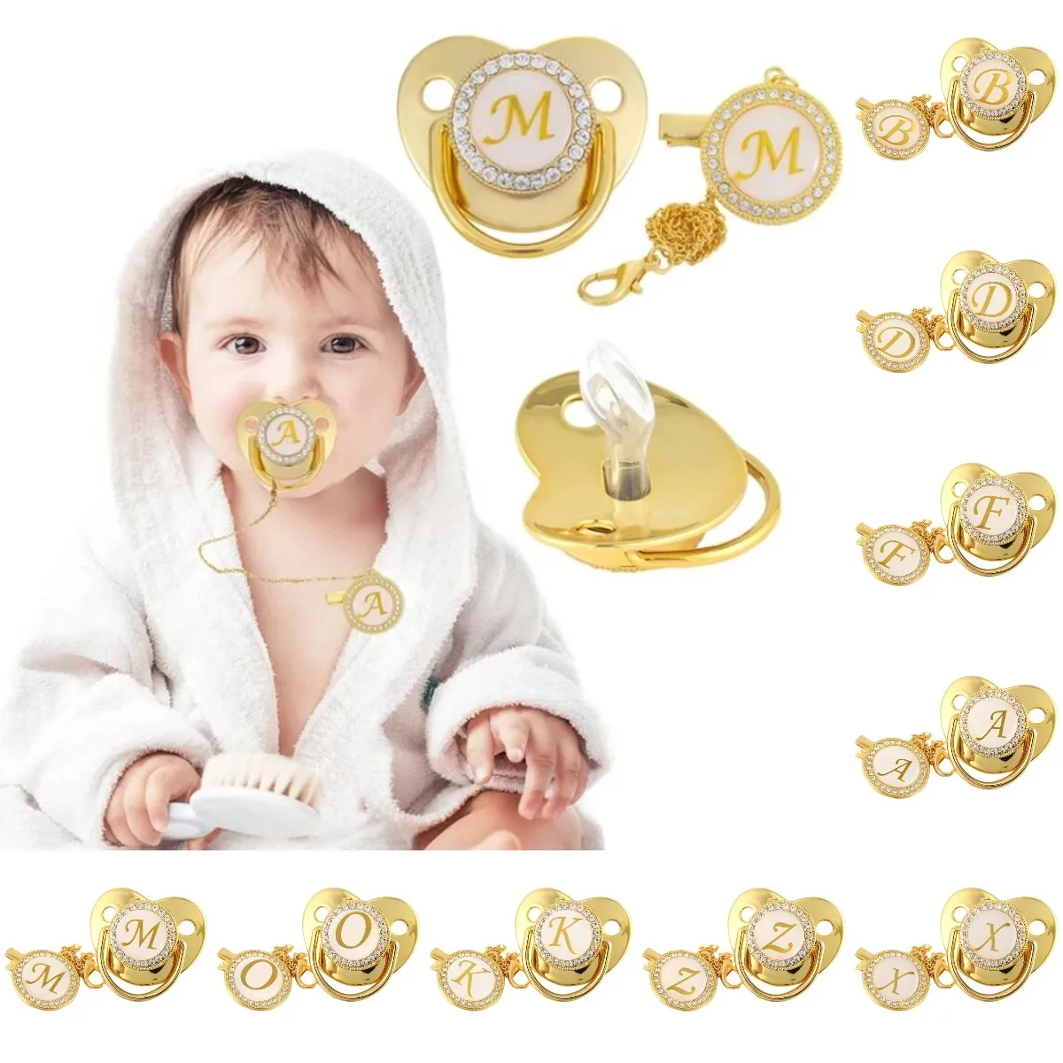 Pasgeboren baby fopspeen clips keten Engels alfabet goud bling siliconen baby pacifier houder soere tepel dummy baby's douchegeschenken