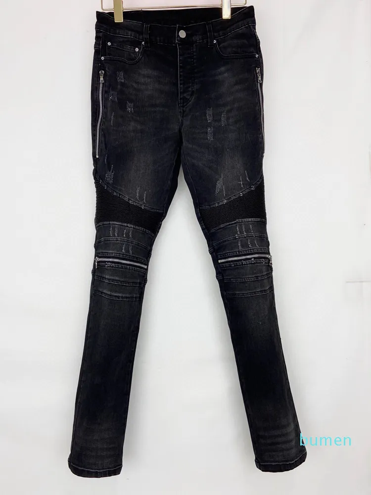 Lyxdesigner Mens Jeans Long Pants Skinny Zipper Knee Spell Leather Destroy the Quilt Ripped Hole Fashion Jean Men Designers Cloths