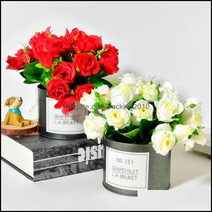 Decorative Flowers Wreaths Festive Party Supplies Home Garden Fake Silk Rose And Iron Vase Simation Plant Mini Bonsai Set For Wedding Deco