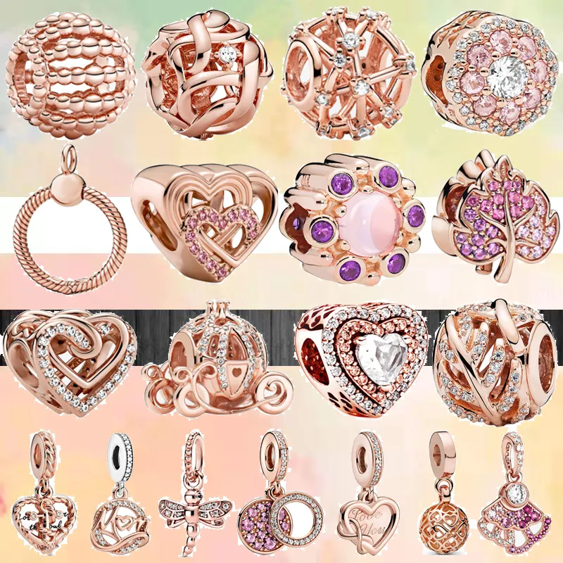 925 Bransoletka urok na pandora urok oryginalne pudełko nowe otwarte serce liście Rose Gold Bead Mom Disc European Bead Naszyjnik Uroki biżuterii