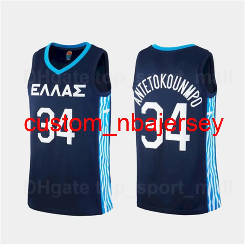 National Social Grécia Basquetebol Jersey Giannis Antetokounmpo 34 Cor azul Marinho Respirável Algodão Puro Nome do Número Homem