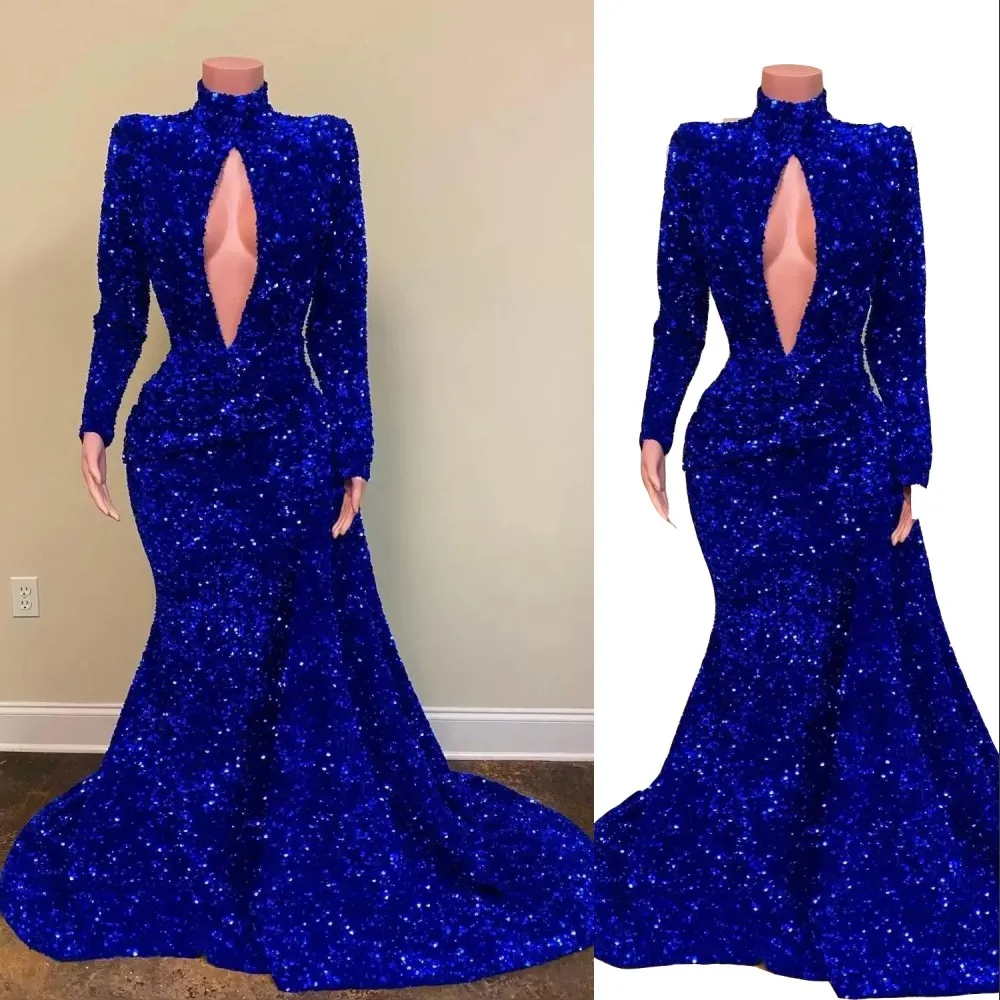 2022 Sexy Bling Royal Blue Abendkleider tragen Stehkragen, Schlüsselloch-Samt, glitzernde Pailletten, Spitze, Pailletten, Überröcke, Reißverschluss hinten, Partykleid, Ballkleider