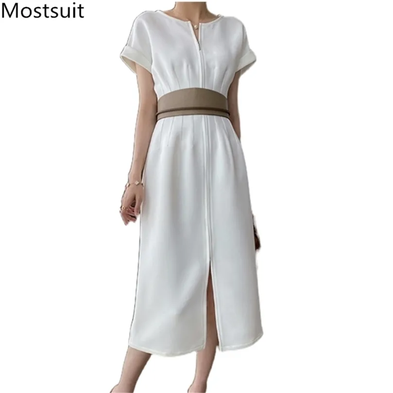 Coreano elegante stile Ol Splitting abito lungo donna manica corta O-collo vita alta abiti alla moda moda ufficio abiti 210513