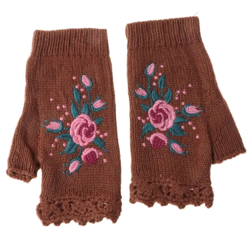 Fem fingrar handskar Y166 Kvinnor Vinter Stickade Fingerless Floral Bee Broderi Thumbholle Mittens