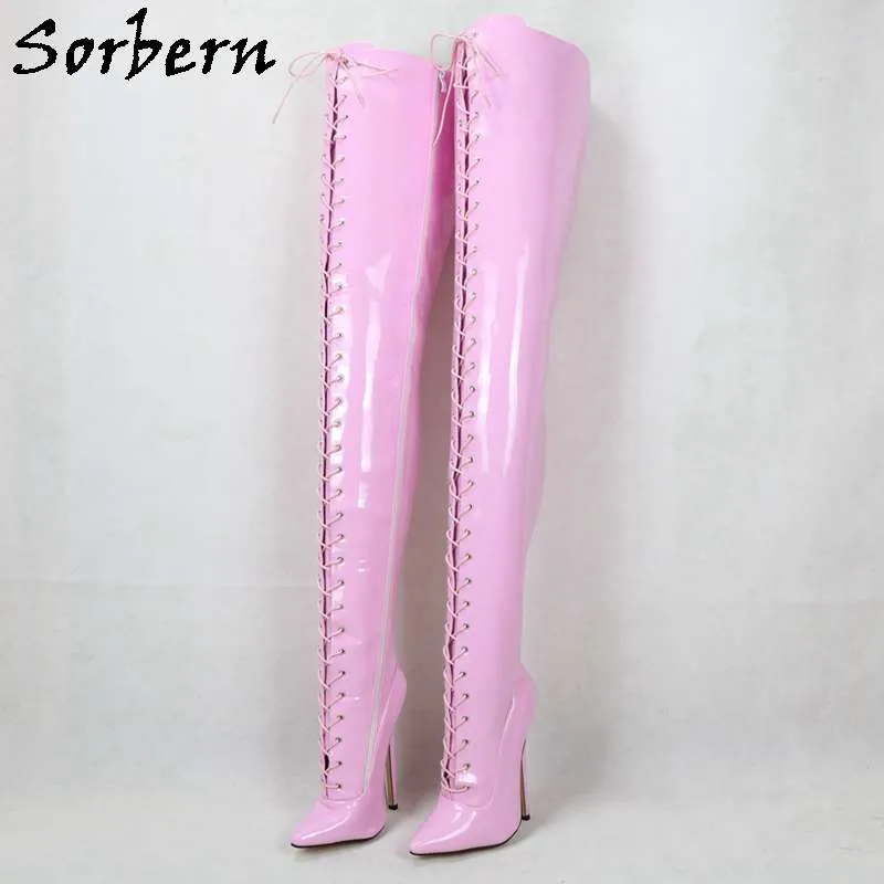 Sorbern Pink Glänsande 90cm Crotch Lår High Boots Unisex 18cm Special Arch High Heels Pekade Toe