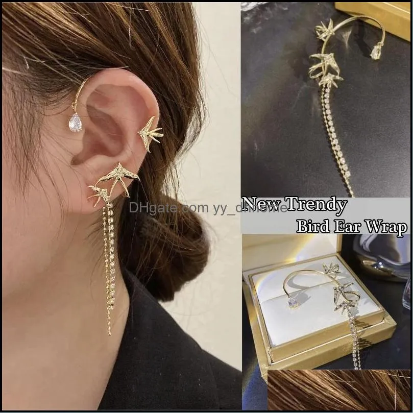 clip-on & screw back sparkling zircon bird long tassel earrings ear wrap dangle cuff non piercing jewelry christmas gift for women