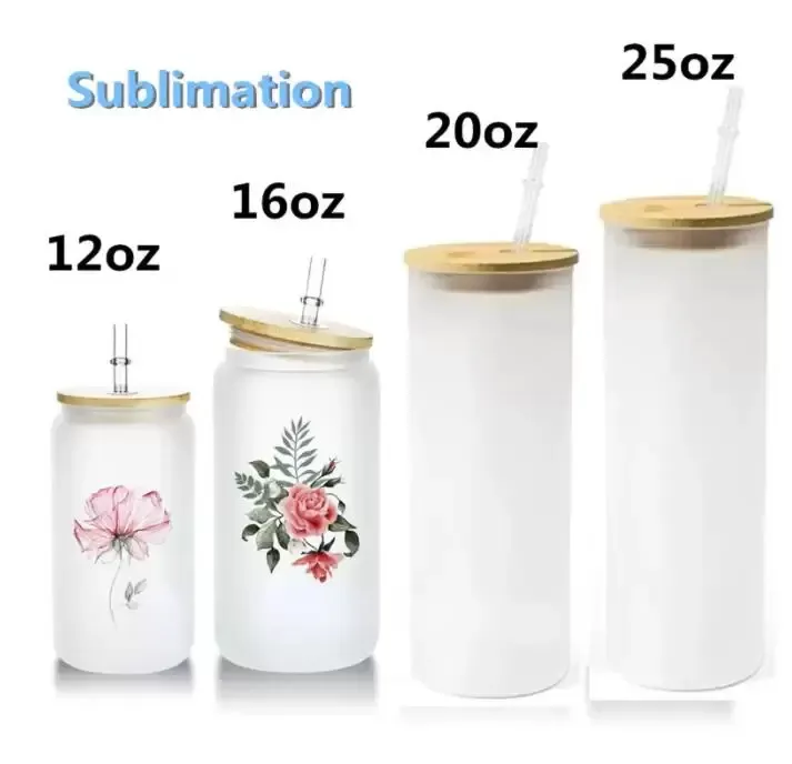 12oz 16oz 20oz 25oz Sublimation Glass Can Tumbler Clear Glassed Jar con coperchio in bambù Bocca larga Beer Cup Festival Party Wine Tumblers