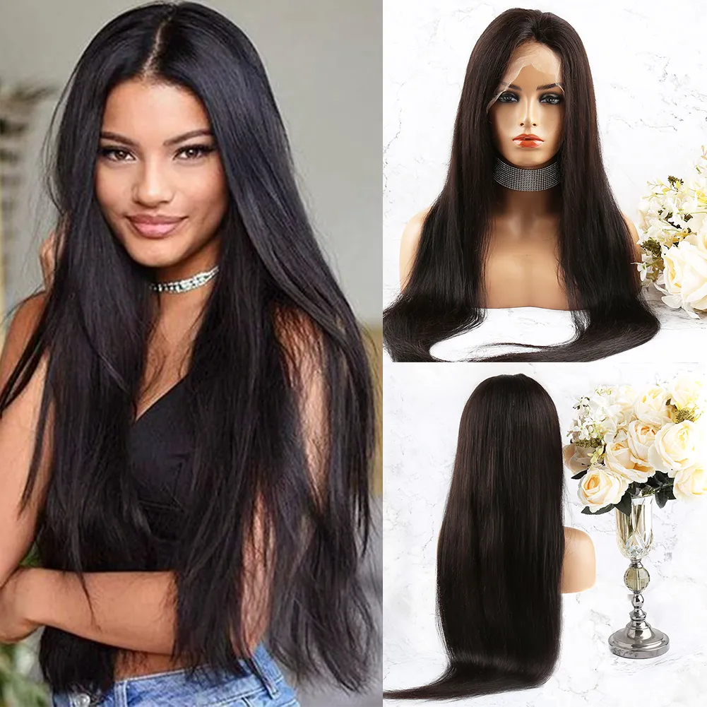 Cutícula completa virgem cabelo humano perucas cheias do laço sedoso em linha reta pré-arrancado de alta densidade 180% remy sem cola peruca comprimento longo 26 28 30 32 34 polegada