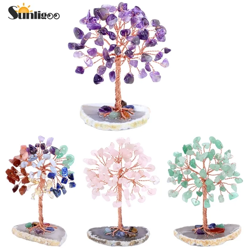 Sunligoo Super Mini Crystal Money Tree 구리선 포장 W 마노 슬라이스베이스 보석 Reiki Chakra Feng Shui Trees Home Decor 220609