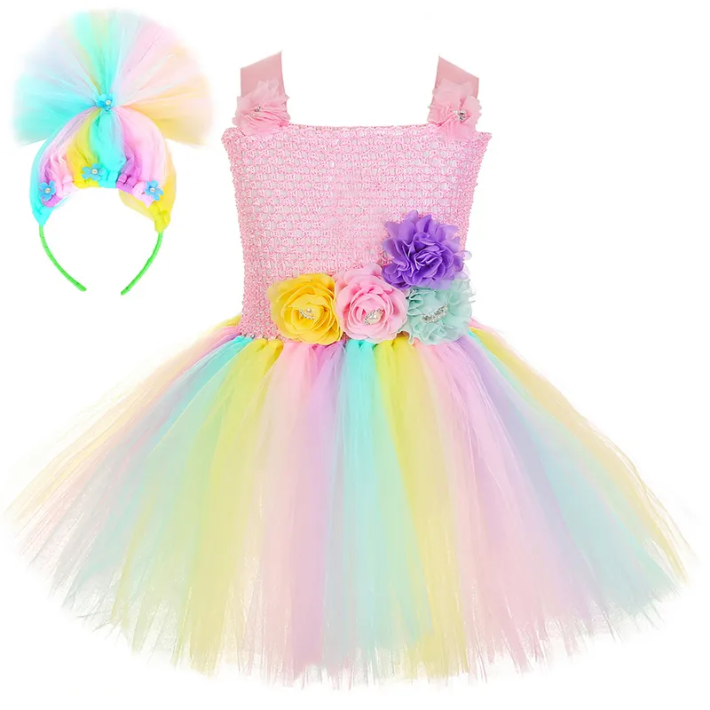 Vestidos de meninas trolls pastel figurmhes vestido de fada magia com cabelos arco garotas halloween vestidos chiques de crianças