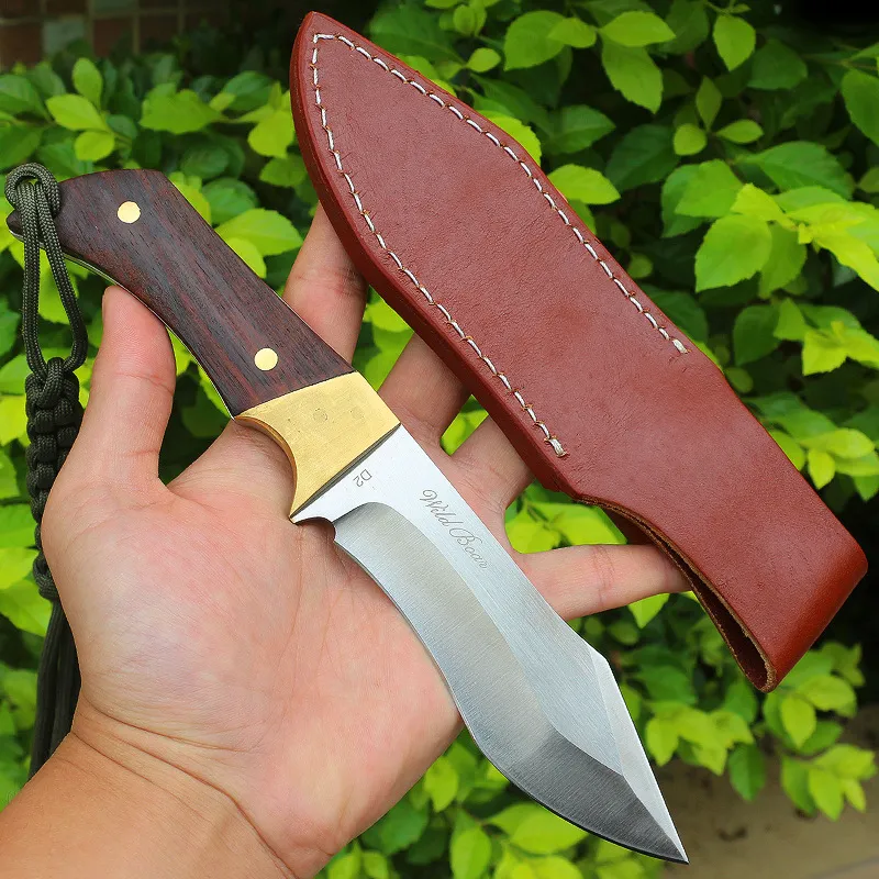 Wild Boar Outdoor Survival Knife Fixed Blade D2 Steel Blade Wood Handle
