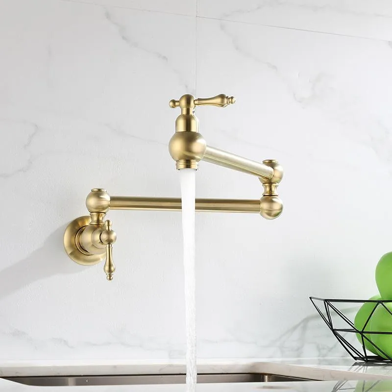 Küchenarmaturen Tuqiu Pot Filler Tap Wandmontierter faltbarer Wasserhahn aus gebürstetem Gold Einzelkaltspüle Drehender Klappauslauf Chrom MessingKüche