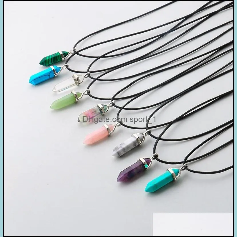 32colors natural stone reiki healing hexagonal bullet opal amethysts quartz pink crystal chakra pendulum pu chain necklace