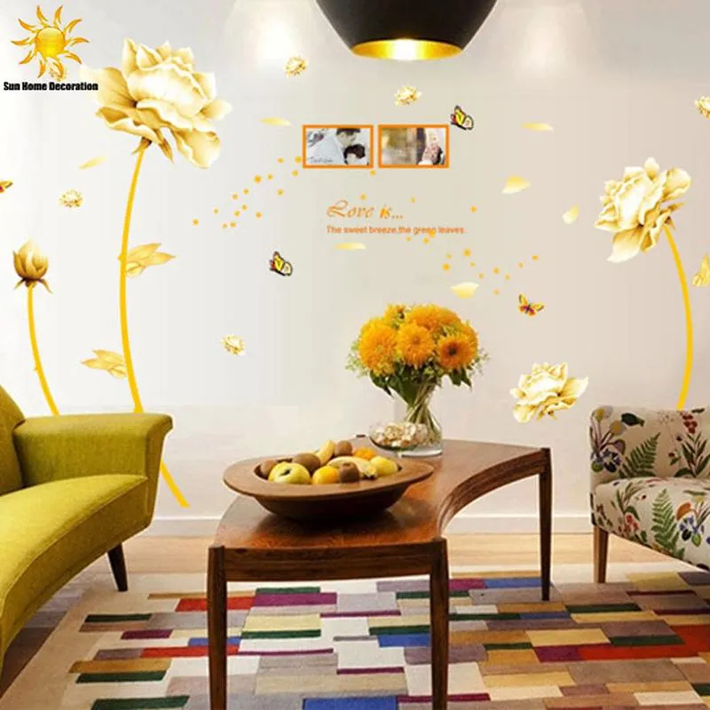 Wall Stickers Removable 3D Golden Homecoming Flowers Sticker Art Bedroom Home Decoration Decals Mural