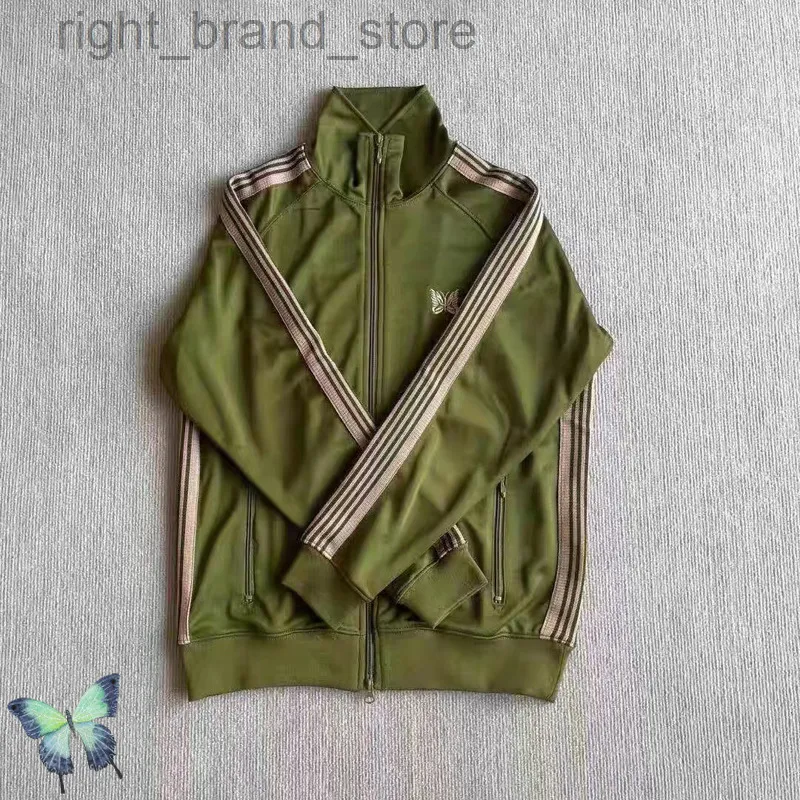 NEEDLES Ретро полосатая куртка с вышивкой бабочки Высокое качество AWGE Зеленые лямки Брюки Спортивный костюм W220813