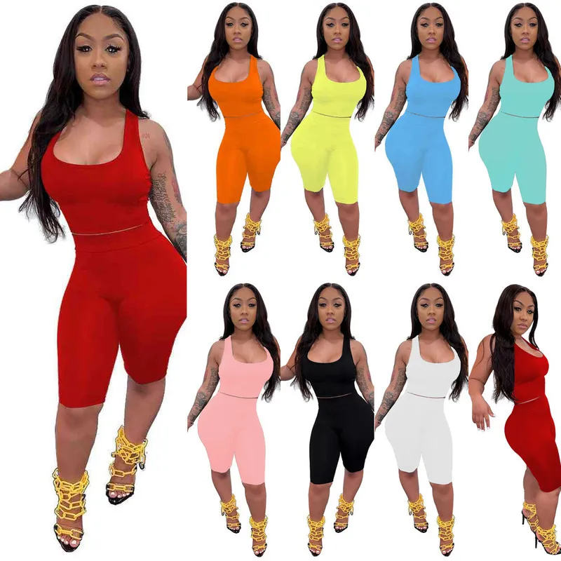 Summer Two Piece Pants Outfits For Women Designer Tracksuit Sexy Scoop Neck Vest And Shorts Ladies Casual Suits Sportswear
