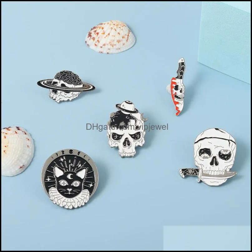 halloween skull skeleton planet brooch pin punk cat head compass shape enamel clothes badges unisex alloy backpack bag hat sweater brooches lapel pins