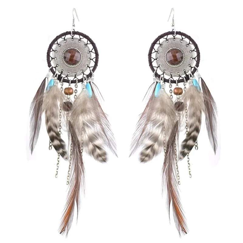 Dangle & Chandelier Dream Catcher Long Tassel Feather Earrings Women Bohemian Hippie Classic Ethnic Tribal Large Ear JewelryDangle Chandelie