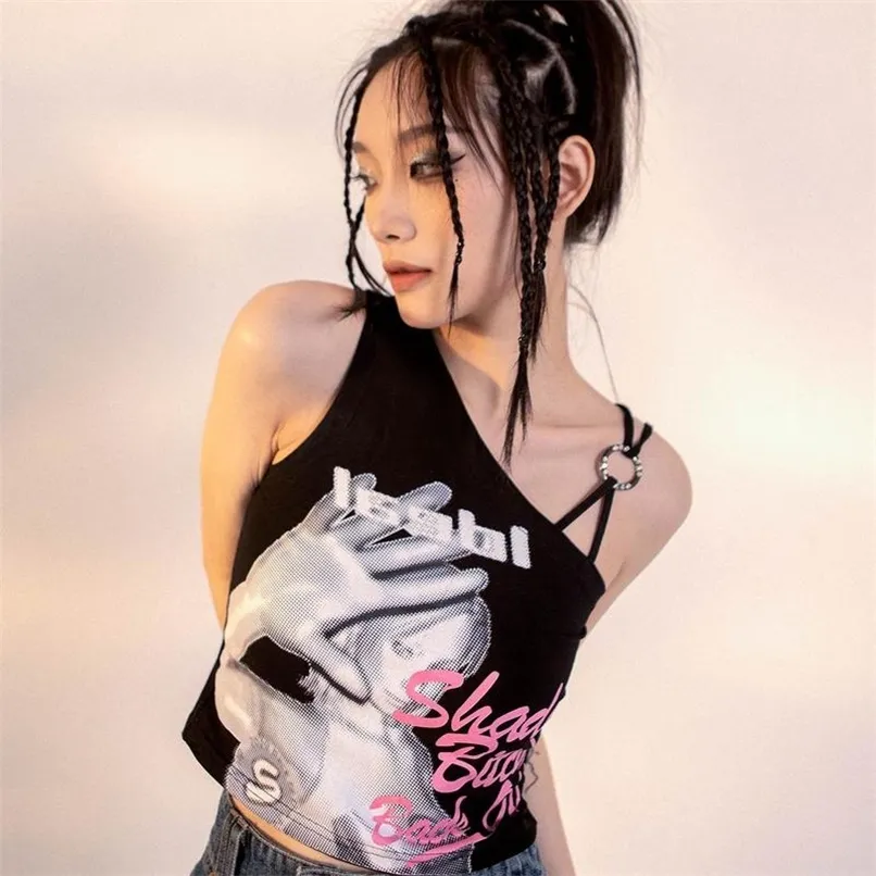 Black Punk Graphic Gothic Top Women Harajuku Emo Alt Baby Tee Camis Crop Tank Dark Aesthetic Fairy Grunge Vestiti alternativi 220316