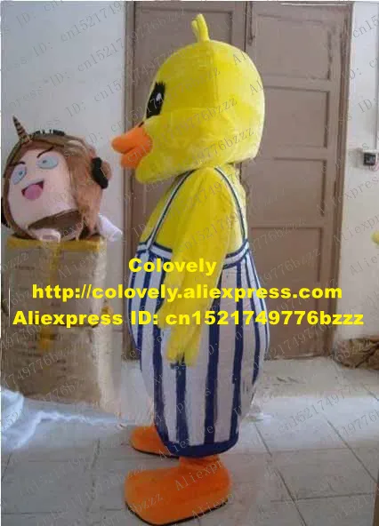 Costume de poupée de mascotte Costume de mascotte de canard jaune mignon Mascotte de caneton Die Ente Quackquack avec salopette à rayures bleues blanches adulte No.2780 Fre