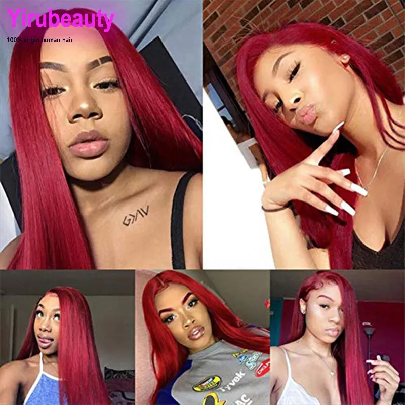 Cheveux humains brésiliens 99J 13X4 Lace Front Wig Silky Straight Peruvian Indian 180% Density 210% Burgundy 10-32inch