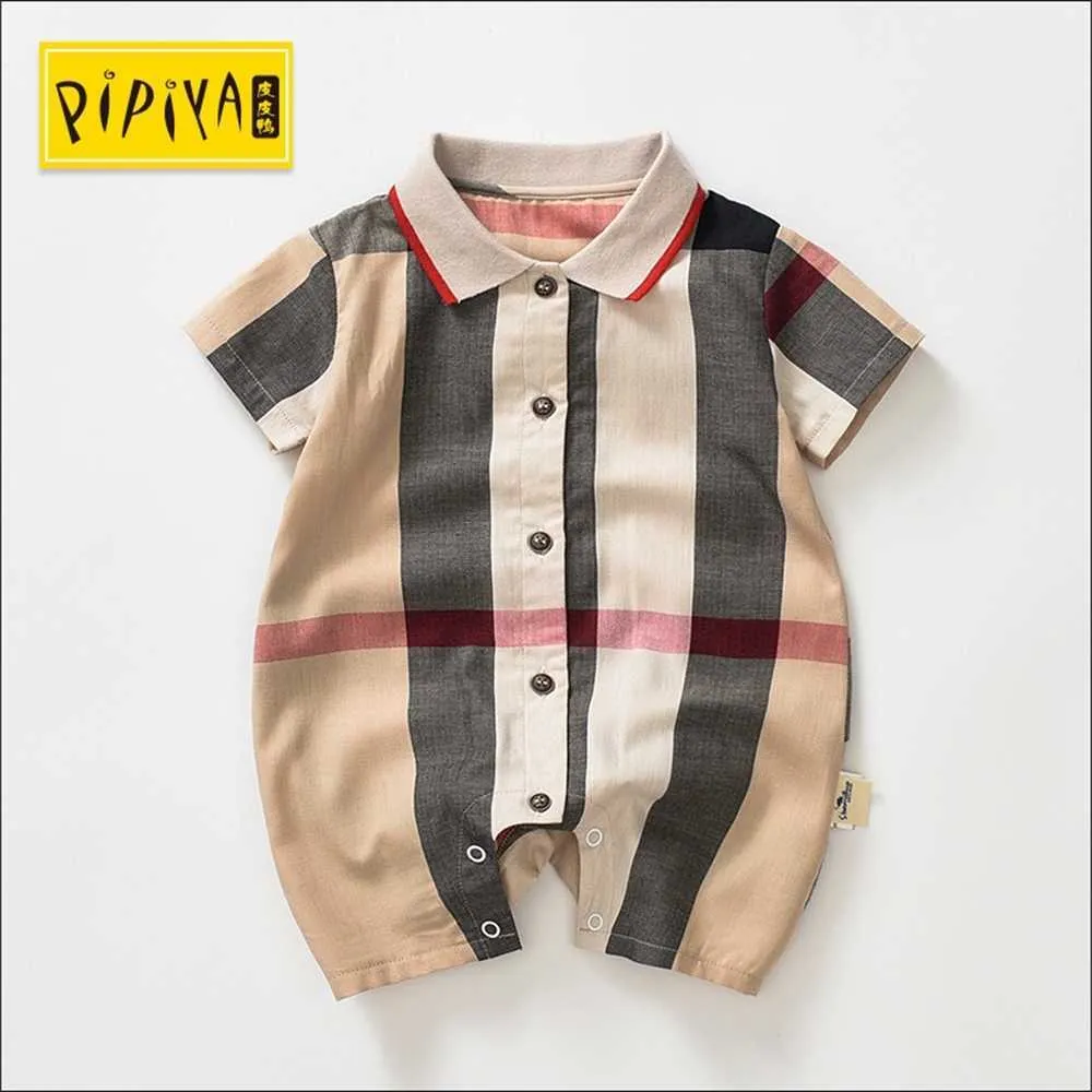 Summer Baby One-Piece Tuta Neonati Ragazzi Ragazzi Ragazze Plaid Stampato Manica Corta Pagliaccetti Abbigliamento 0-3-6 mesi Toddlers Tute con abbigliamento pulsante T34PN53