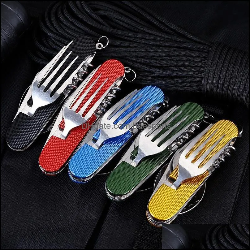 Multifunctional Folding Knife Dinnerware Sets Portable Combination Folding Cutlery Keychain Pendant Outdoor Camping Tools 5 Colors