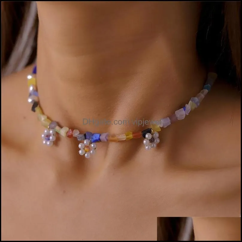 Chokers Halsketten Anh￤nger Schmuck Boho Blumen Halskette f￼r Frauen Acrylsimierter Perle Choker Vintage Collares Kette Frauen Bijoux Drop D.