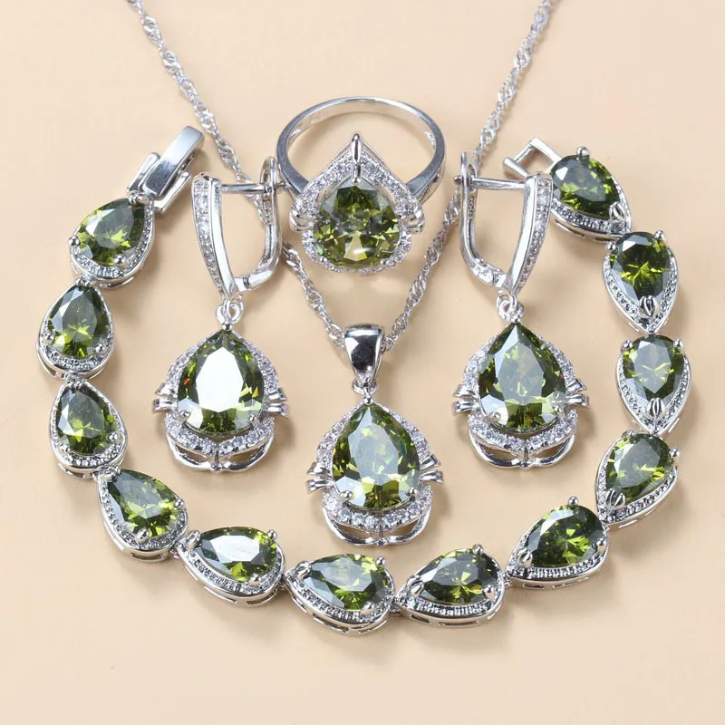 925 Mark Fashion Water Drop Set di gioielli Accessori donna Collana da sposa in pietra verde oliva Set di orecchini Bracciale e anello 220718