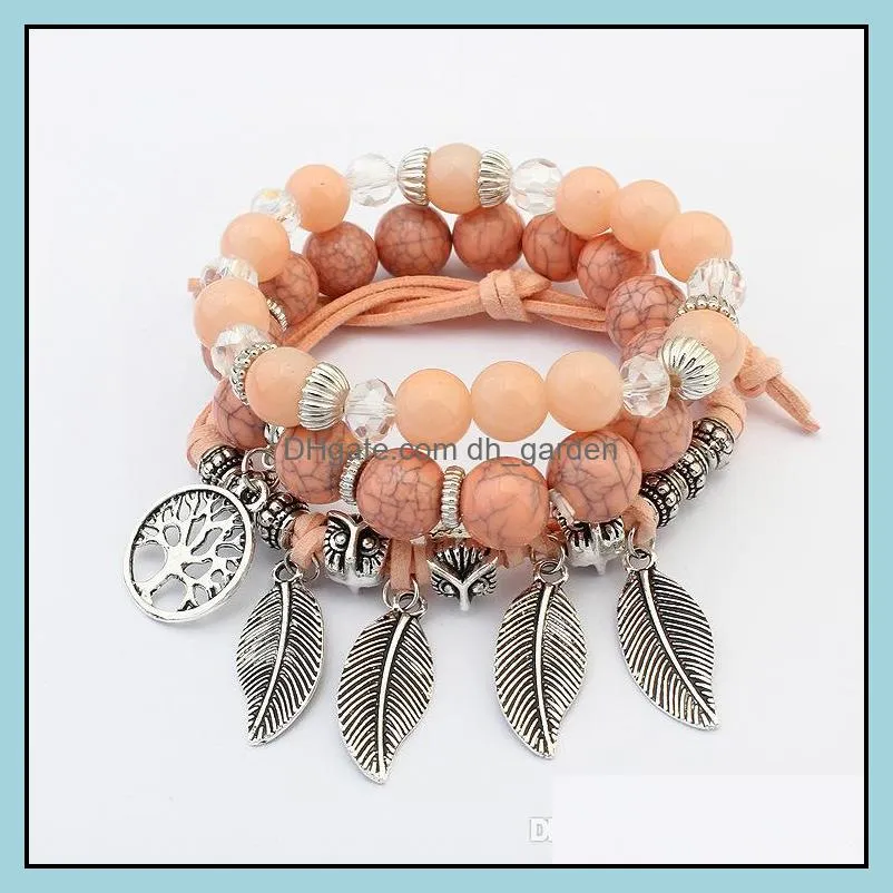 New Design Colorful Womens Beautiful 8MM Bead Strands Antique Silver Feather Charm Bracelet