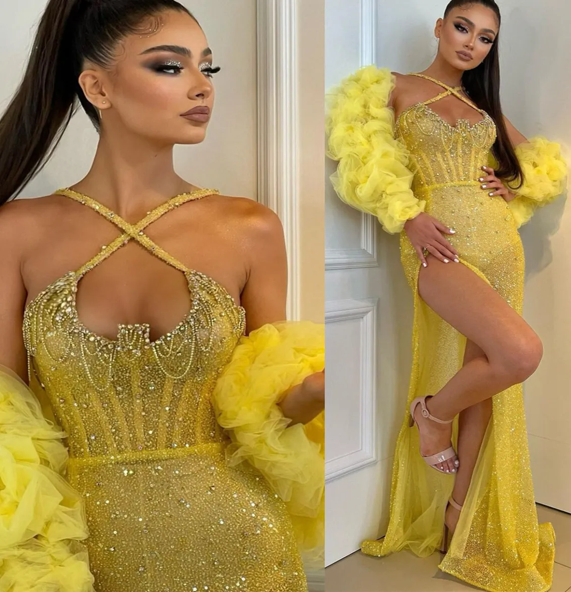 Plus Size Arabic Aso Ebi Yellow Mermaid Sparkly Prom Dresses Beaded Crystals Evening Formal Party Second Reception Birthday Engagement Gowns Dress Zj734 407
