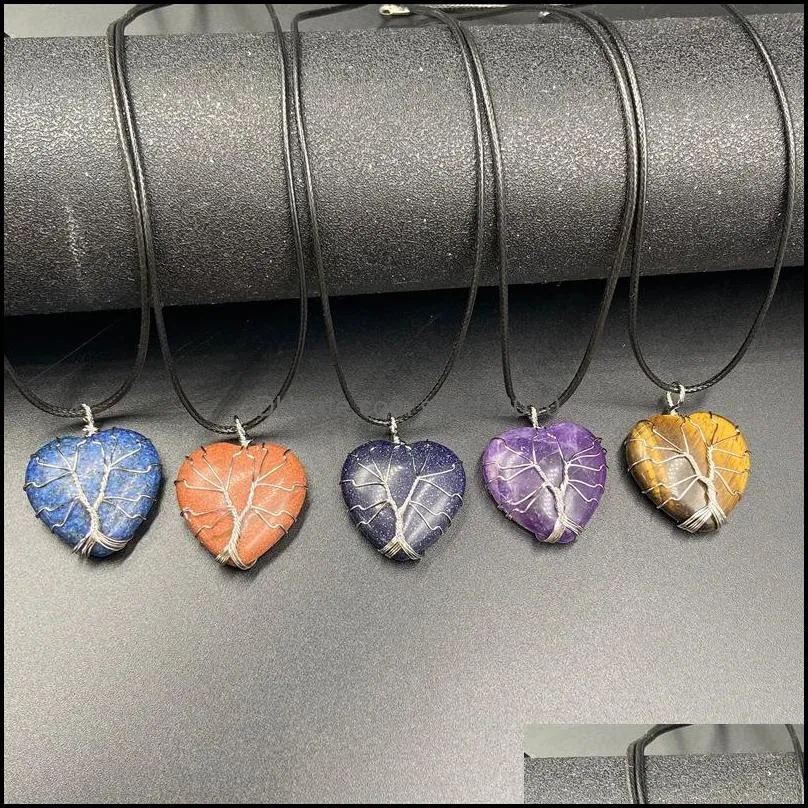 healing crystal natural stone pendant tree of life wire wrap heart charms turquoise tiger eye lapsi pink crystal rope chain sports2010
