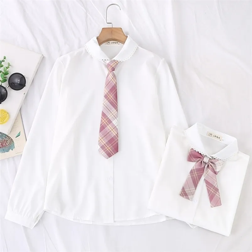 Kobiety bluzki z długim rękawem koronkowe kołnierzyki białe koszule z łuk/krawat słodki styl japońskiego blusa blachy solidne eleganckie #HH38 220513