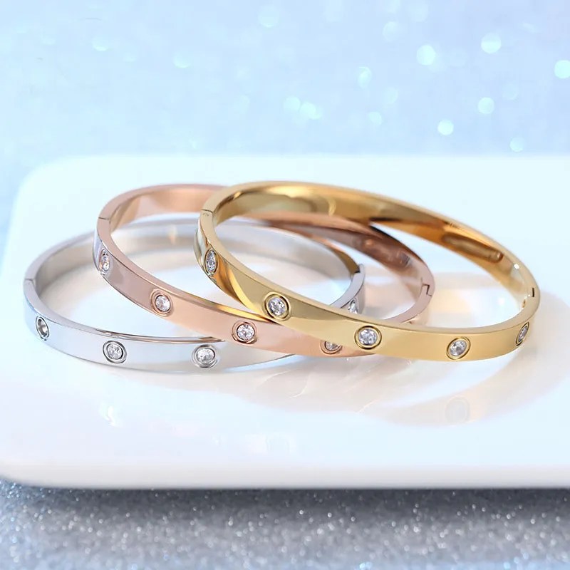 Bracciale rigido per amicizia, amore, placcato oro/rosa/oro bianco, impilabile, in acciaio inossidabile, con braccialetti in cristallo con zirconi cubici, regalo per