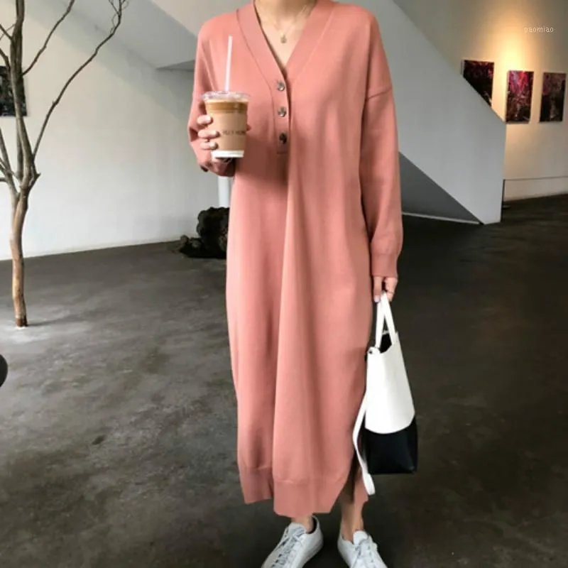 Casual Dresses Oversize Women Soft Autumn Long Sleeve Sweater Dress Ladies V Neck Split Straight Pullover Brief With Buttons