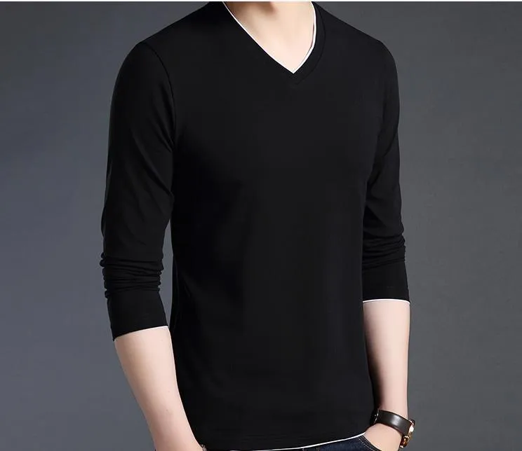 Nuove magliette di moda da uomo con scollo a V Street Wear Top di tendenza in cotone mercerizzato coreano a maniche lunghe da uomo