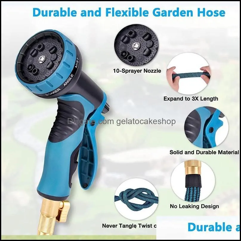 Watering Equipments 50ft Expandable Garden Hose With 10 Function Nozzle 3 Times Collapsible Pipe