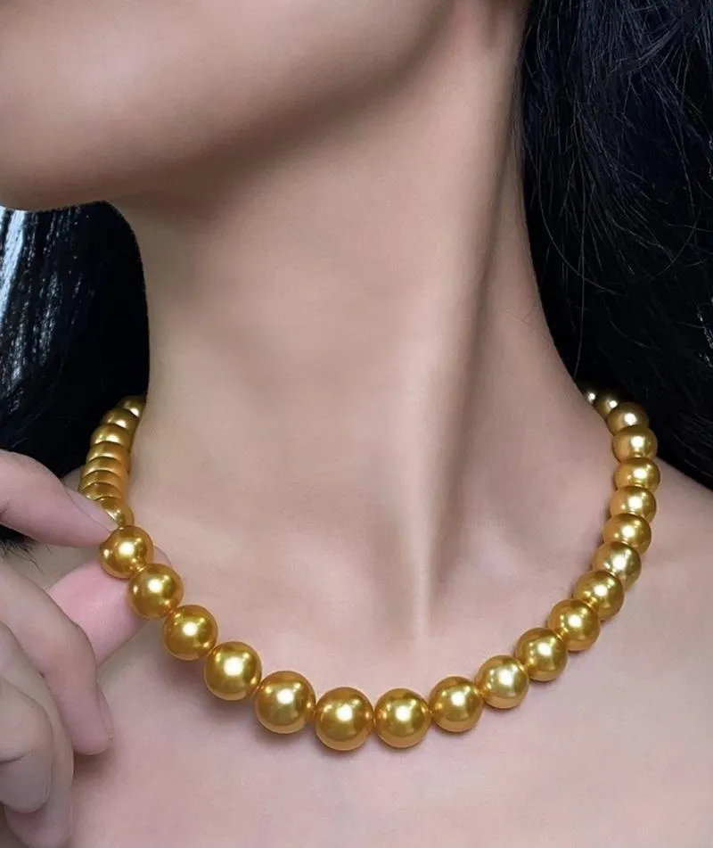 Łańcuchy ogromne urocze 18 cali 13-14 mm naturalne morze południowe oryginalny złoty okrągły naszyjnik kobiety biżuteria łańcuchy