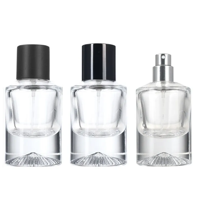 Glass Bottle Perfume Spray 30ml Empty Round Crimpless Pump Cosmetic Packaging Container Clear Thick Bottom Refillable Vials Matte Black Lid