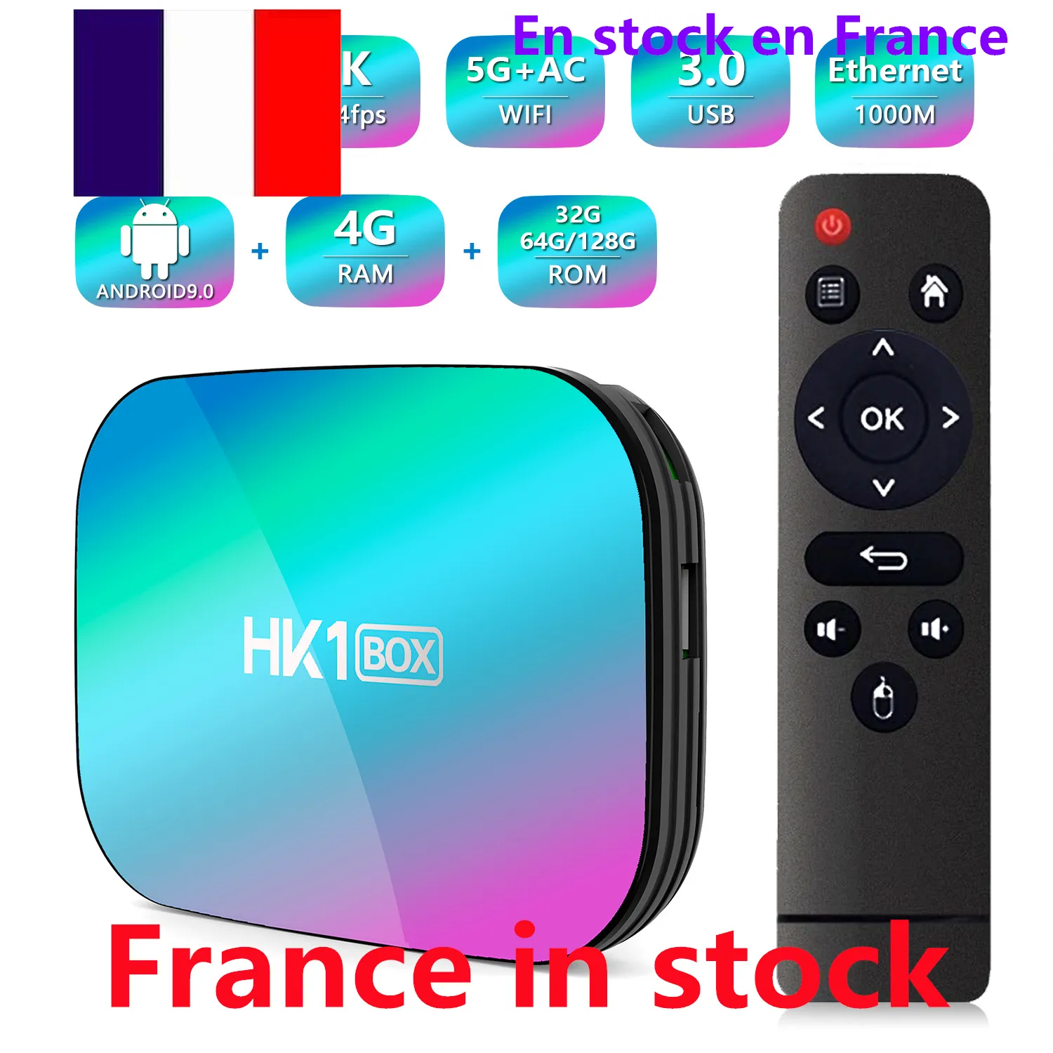 Frankrike har Stock HK1 Box Android 9.0 TV Box Amlogic S905x3 Quad Core 4GB 32GB Dual WiFi 100m Streaming Smart Media Player