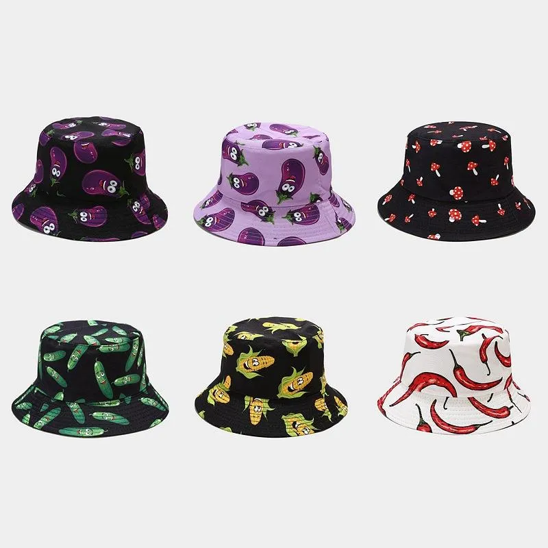 Berets Unisex Double Side Bucket Hat Creative Printing Vegetable Pattern Fisherman Female Summer Outdoor Casual Basin DM1299