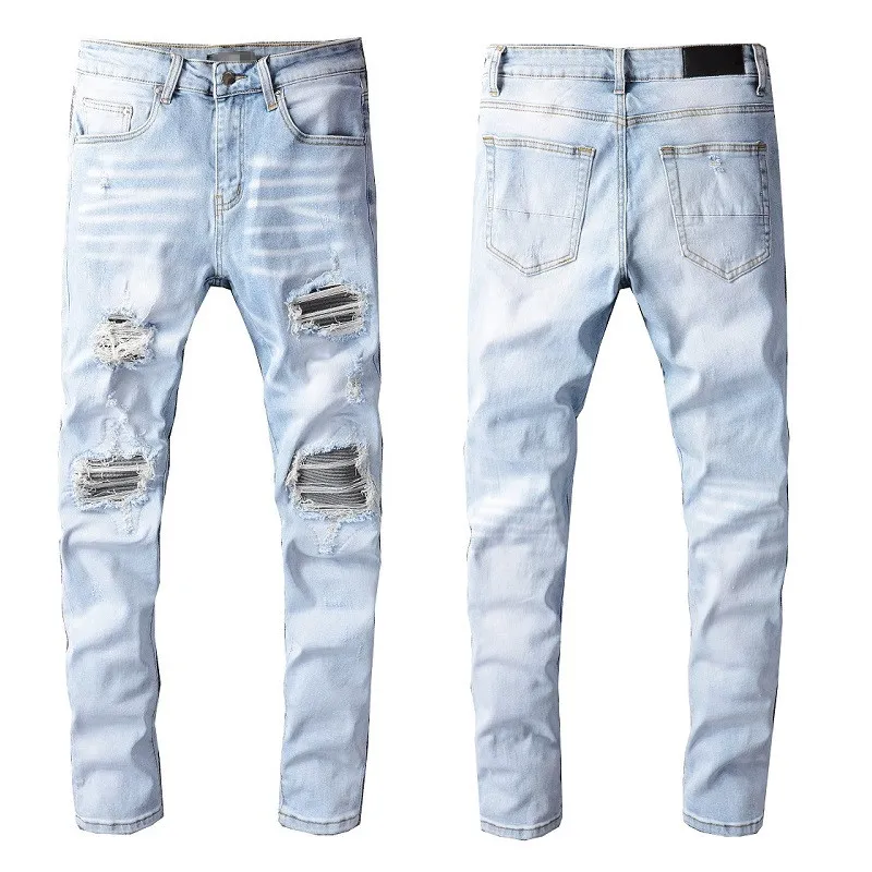 Man Skinny Passar Jeans Denim Knee Ripped With Hole Slim For Mens Light Blue Biker Moto Straight Leg Classic Designer Skadade Fashion Patches Stretch Pants Long Zipper