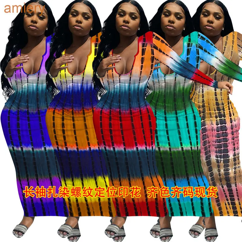 Fall Clothes Women's Casual Dress Long Sleeve Tie Dye Thread Positioning Printing Slim Sexy Dress Skirt Ladies