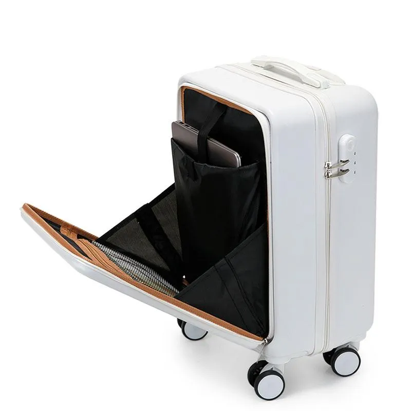 Resväskor Mode Front Open Rullande Bagage Sipnner Wheels ABS och PC Kvinnor Resväska Män Hytt Handbagagelåda