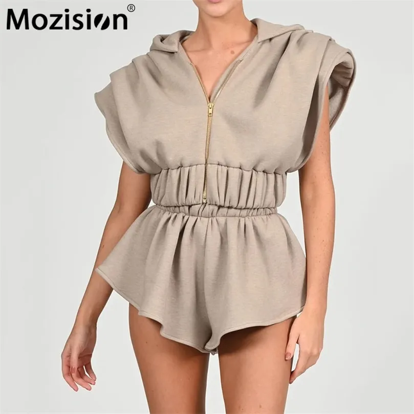 Mozision Two Piece Set for Women Solid Zipper ärmlösa Crop Top Shorts Ladies Spring Vintage Elegant Set Fashion 210302