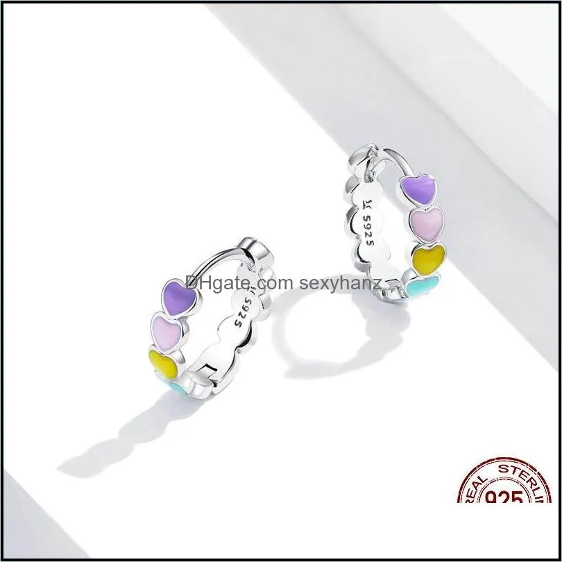 bamoer Genuine 925 Sterling Silver Rainbow Color Enamel Heart Hoop Earrings for Women 2020 New Ear Hoops Female Jewelry SCE909 20 w2